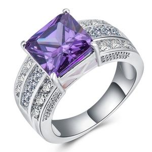 New Luxury 925 Silver Ring Princess Cut Amethyst